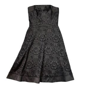 White House Black Market Strapless Midi Dress 4 Black Damask Fit & Flare WHBM